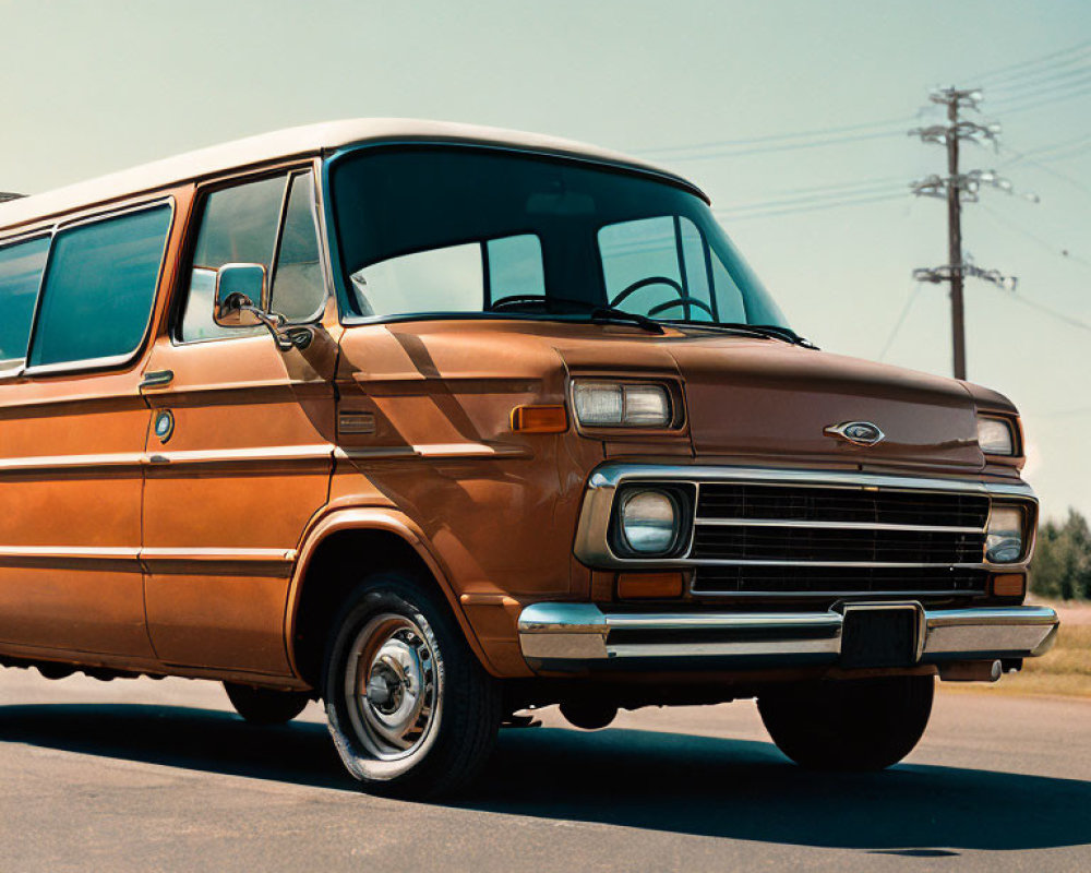 Classic Brown Ford Van Parked on Road with Clear Skies and Utility Poles