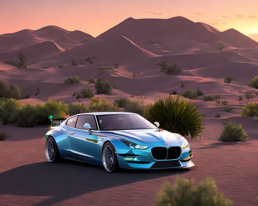 Blue luxury car parked in desert with rolling sand dunes and soft purple sky