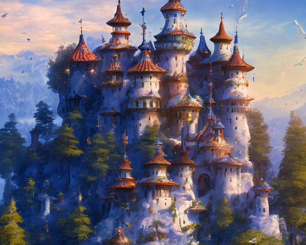 Majestic fantasy castle on rocky outcrop with spires in misty forest landscape