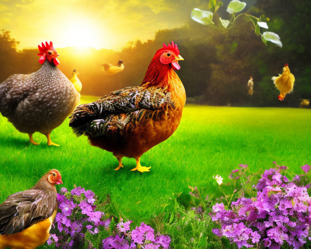 Colorful meadow scene: chickens, rooster, butterfly at sunset