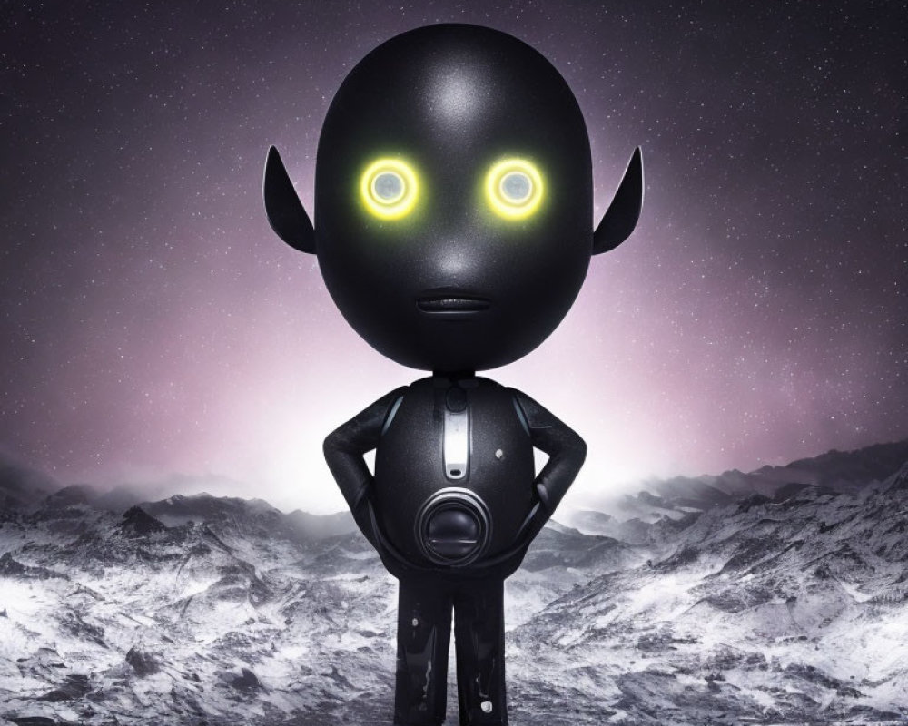 Glossy black humanoid figure with yellow eyes and horns in moonlit landscape