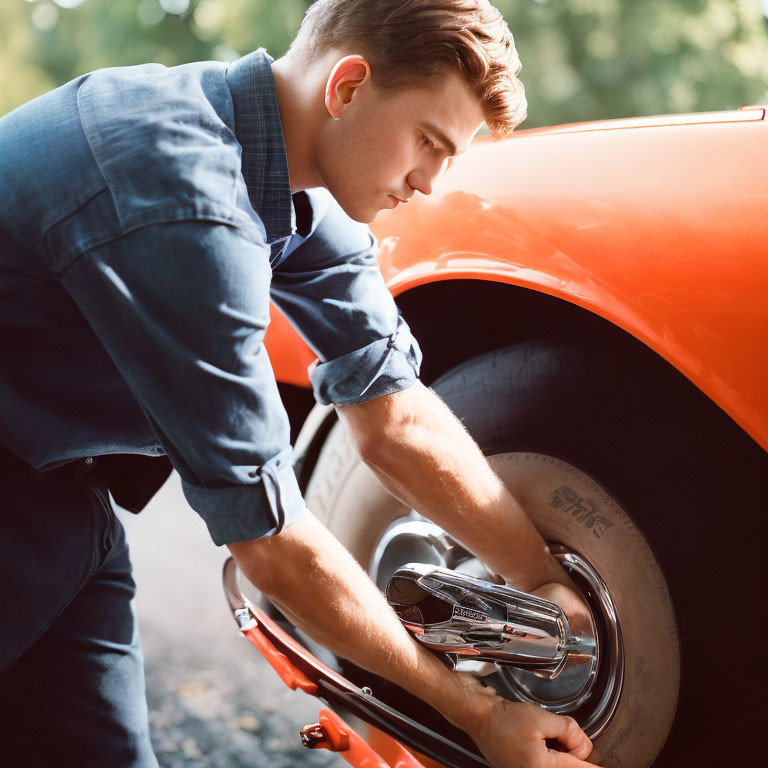 Man in blue shirt inspecting vintage orange car wheel