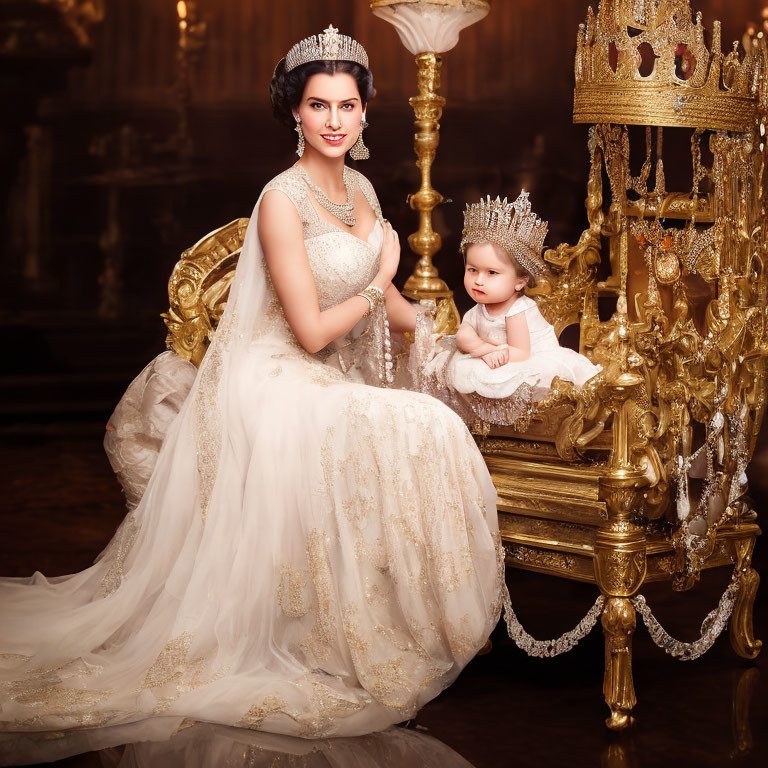 Woman in white gown with tiara next to baby in regal setting