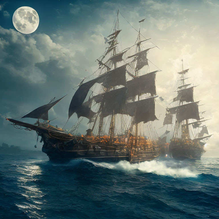 Tall Ship Sailing on Moonlit Sea at Night