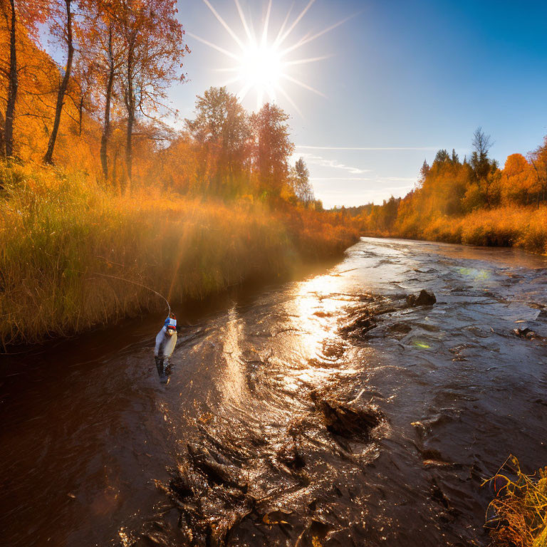 Serene river fishing scene with autumn foliage and bright sun