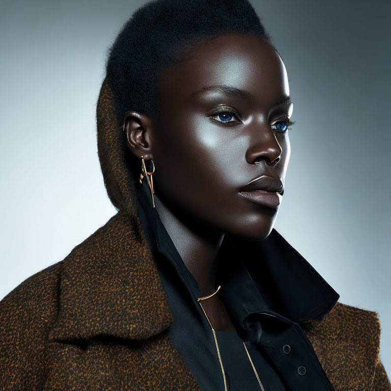 Portrait of woman with dark skin, textured jacket, and minimalist earrings