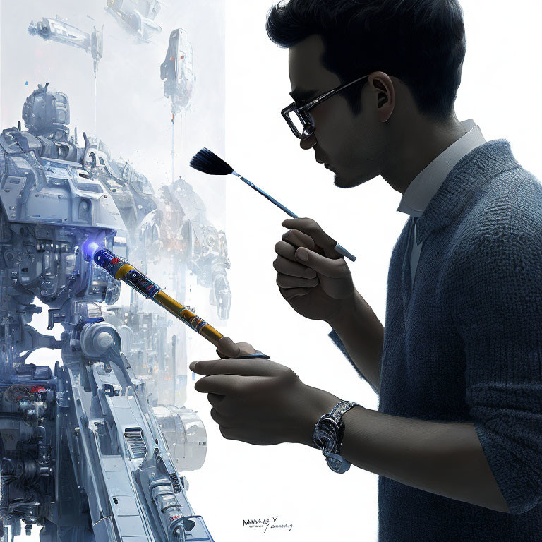 Man with glasses and wristwatch painting futuristic robots and machinery