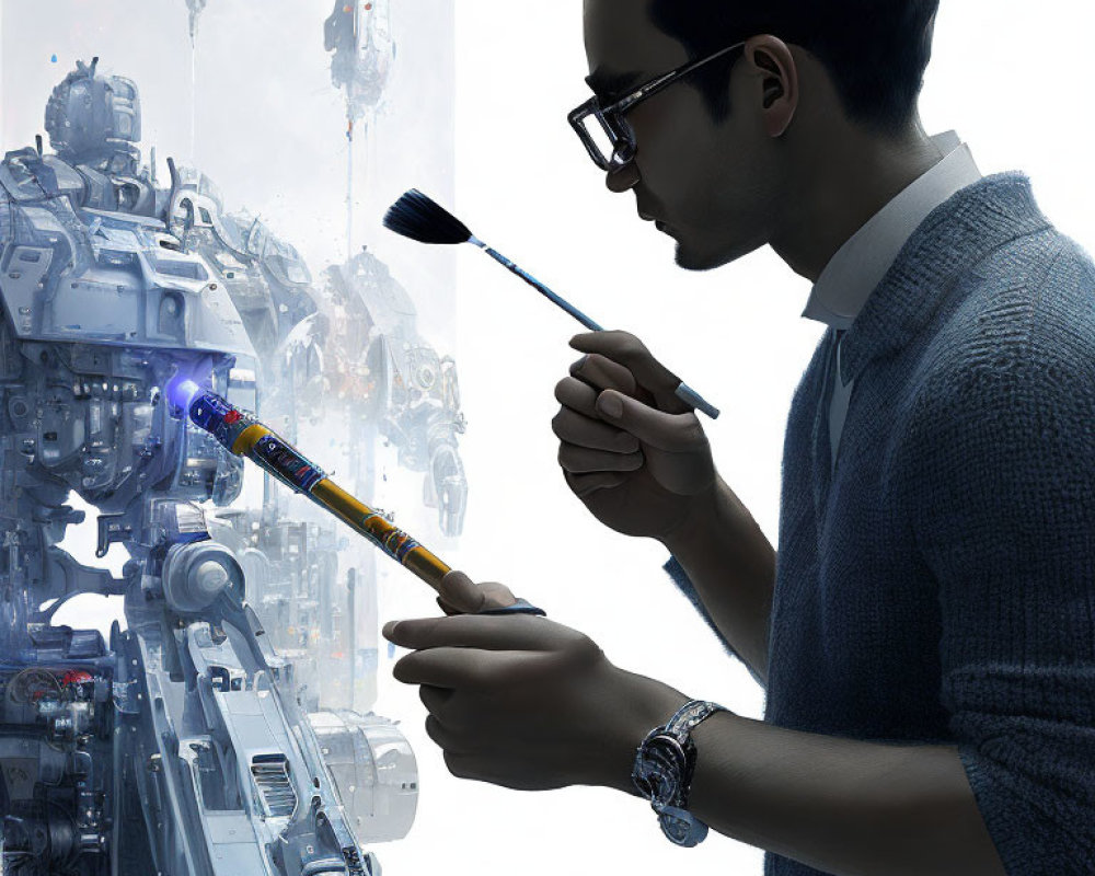 Man with glasses and wristwatch painting futuristic robots and machinery