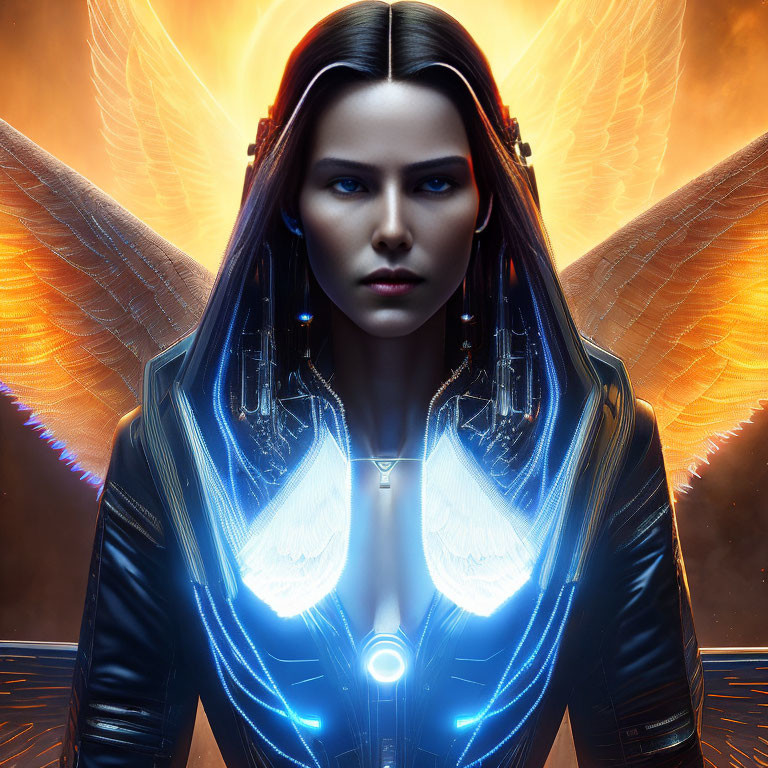 Glowing-eyed woman with luminous wings in futuristic suit on fiery orange backdrop