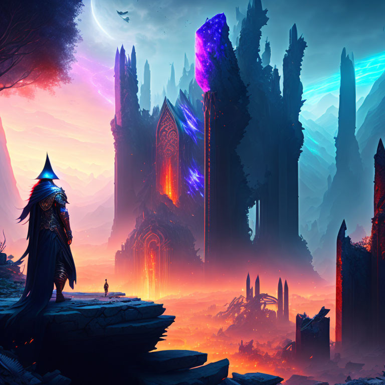 Wizard overlooking fantastical landscape with castle and glowing artifact at dusk