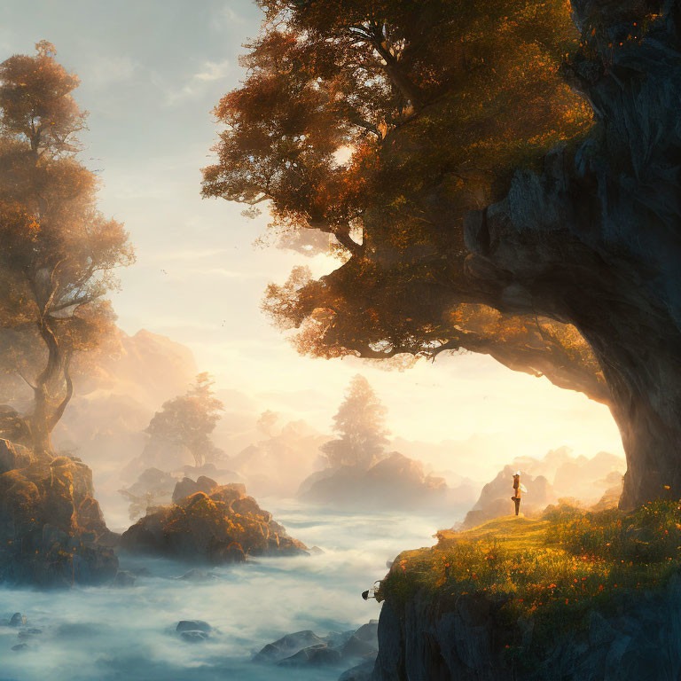 Person standing under large tree on cliff overlooking misty, rocky landscape