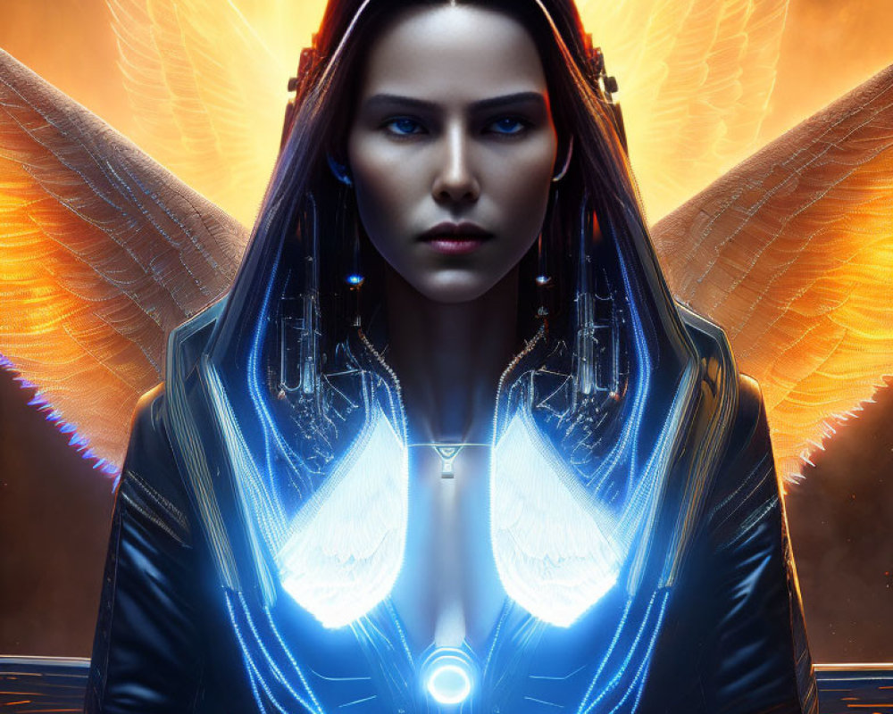 Glowing-eyed woman with luminous wings in futuristic suit on fiery orange backdrop