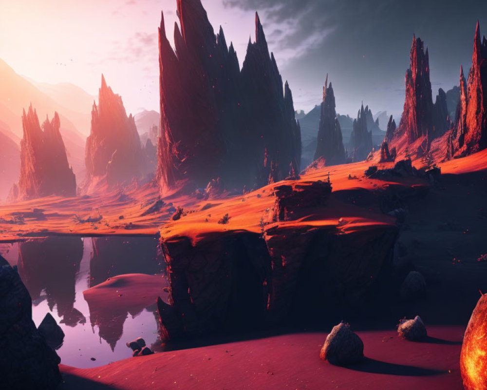 Surreal landscape with towering spires and rock formations under a reddish sky