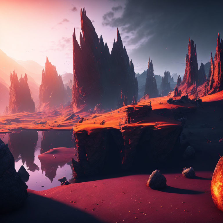 Surreal landscape with towering spires and rock formations under a reddish sky