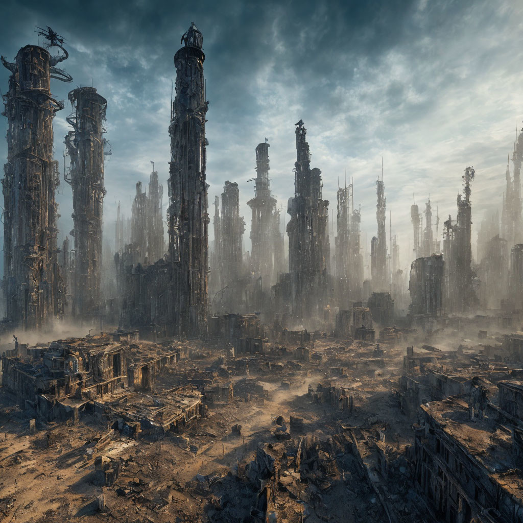 Dystopian landscape with crumbling towers in ruins