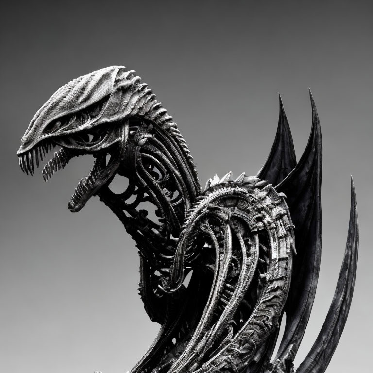 Detailed Metal Dragon Sculpture with Intricate Patterns and Textures on Gray Background