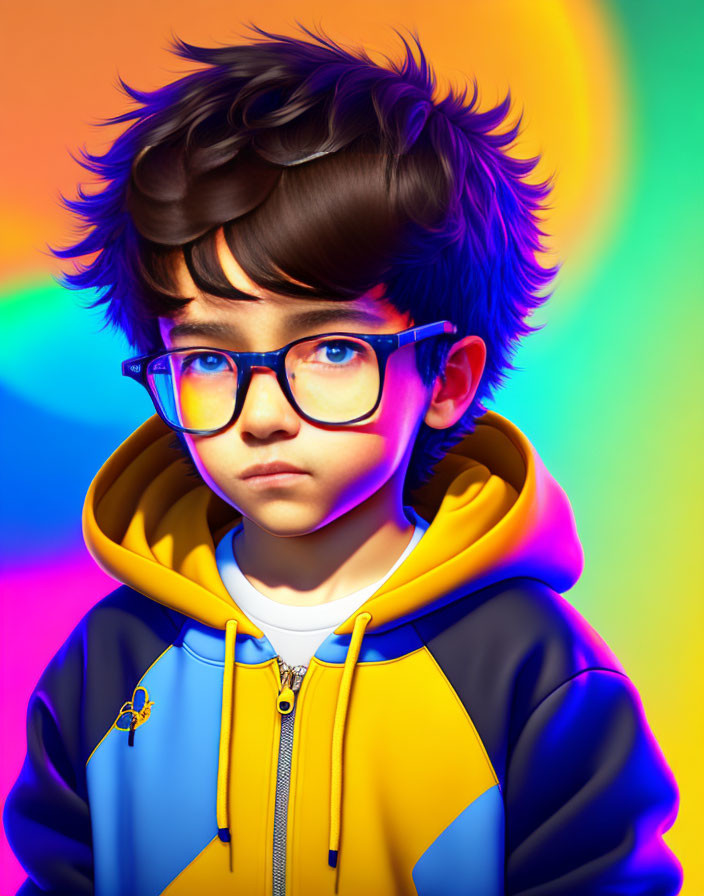 Colorful Hoodie Boy Portrait with Tousled Hair and Glasses