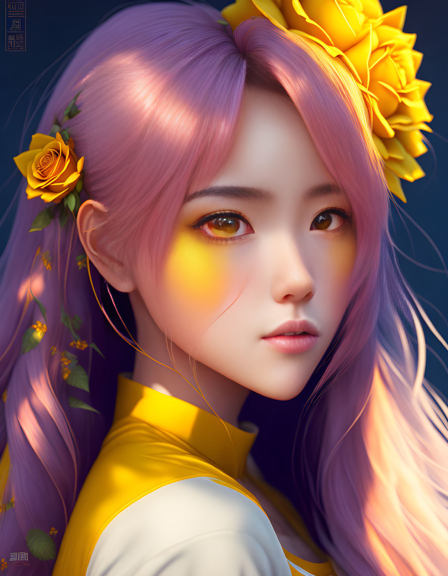 Digital portrait of woman with violet hair and golden eyes adorned with yellow roses on blurred background