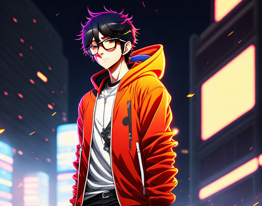 Anime character with glasses and red jacket in neon-lit urban setting