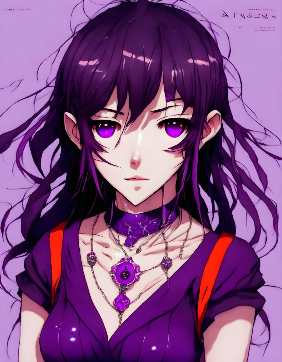 Illustrated female character with purple eyes, long black hair, purple outfit, jewel necklace, and mysterious