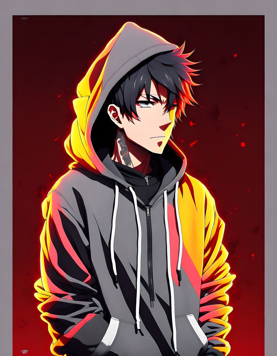 Stylized illustration of person with black hair and red eyes in hooded jacket on red background.