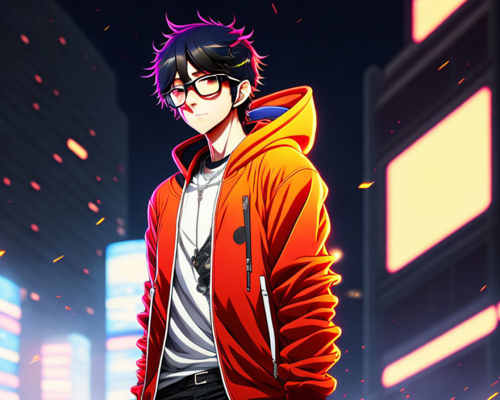 Anime character with glasses and red jacket in neon-lit urban setting