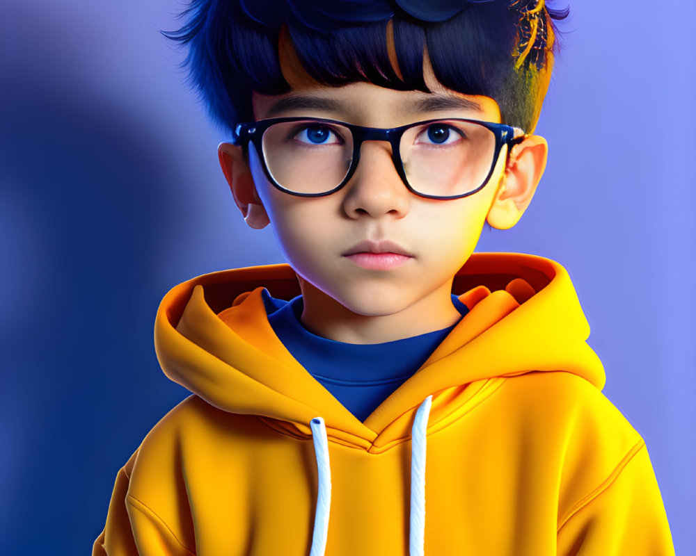 Young boy in yellow hoodie and round glasses on blue background