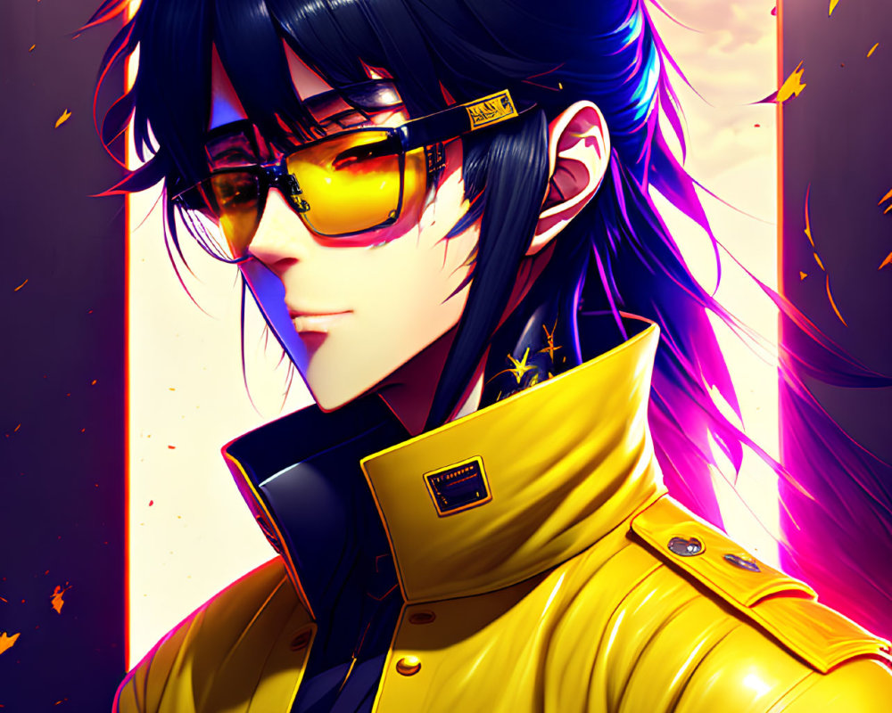 Illustration of person with black hair, yellow glasses, and vibrant jacket on colorful background.