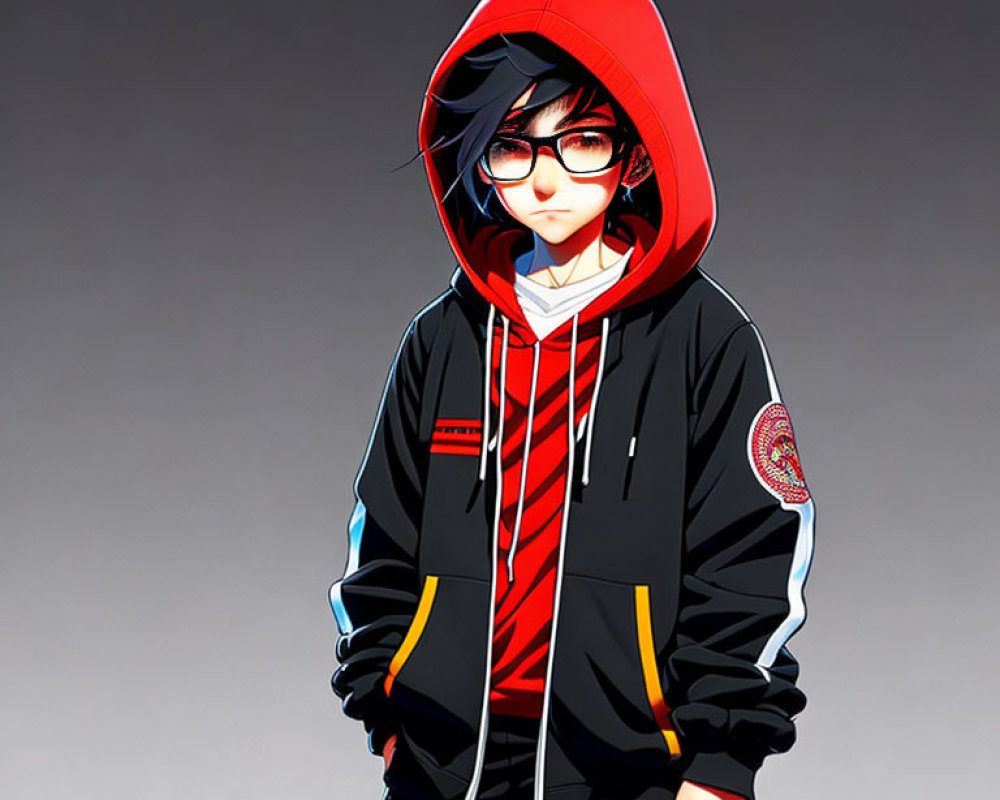 Stylized image of person in red hoodie with headphones