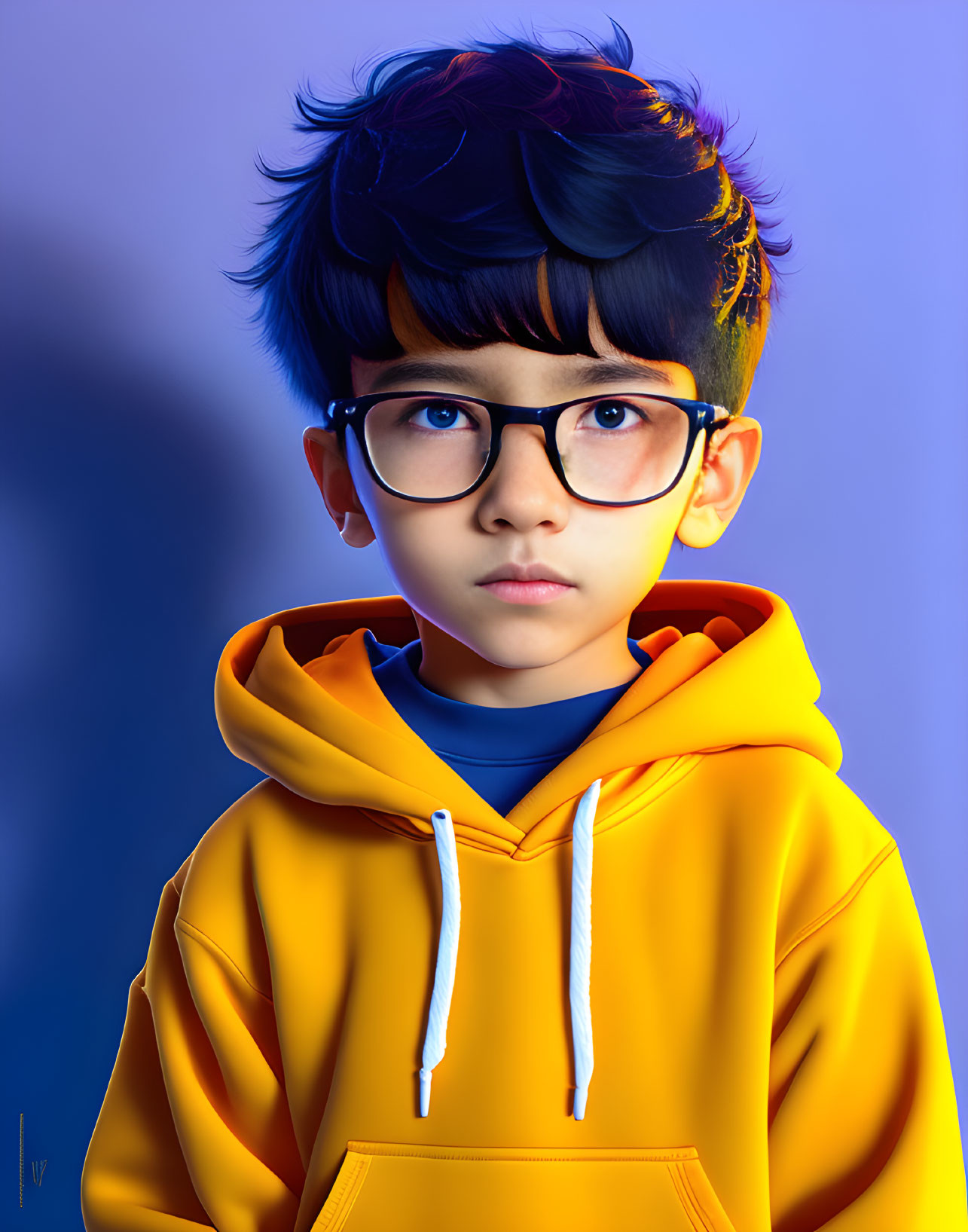 Young boy in yellow hoodie and round glasses on blue background