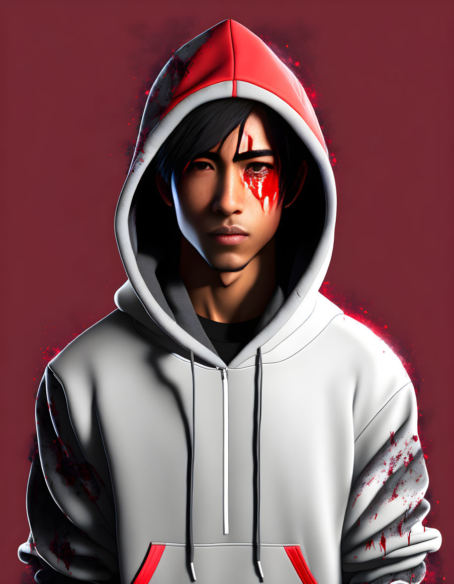 Digital artwork: Person with red-streaked face in grey hoodie on maroon background