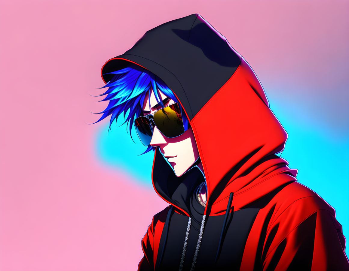 Digital Art: Person with Blue Hair in Sunglasses & Red Hoodie