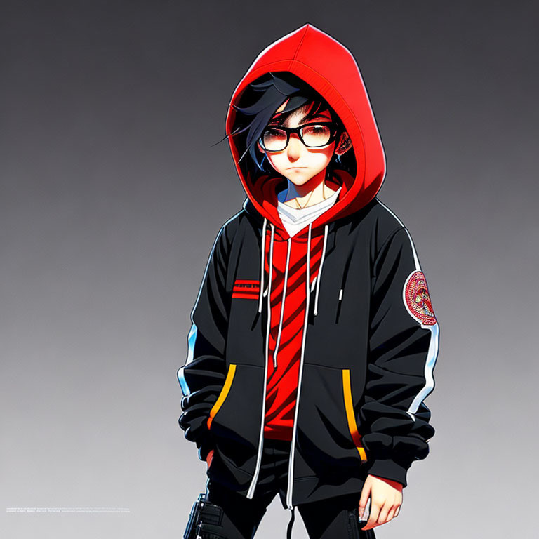 Stylized image of person in red hoodie with headphones