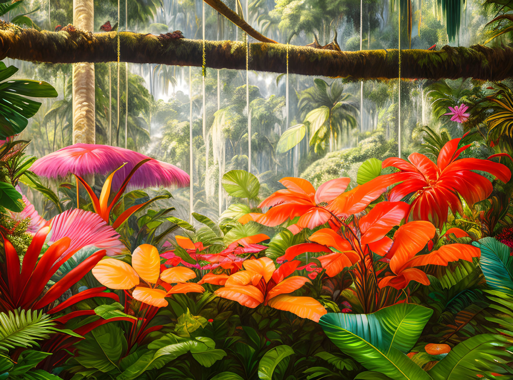 Vibrant red and pink flora in lush tropical forest with hanging vine