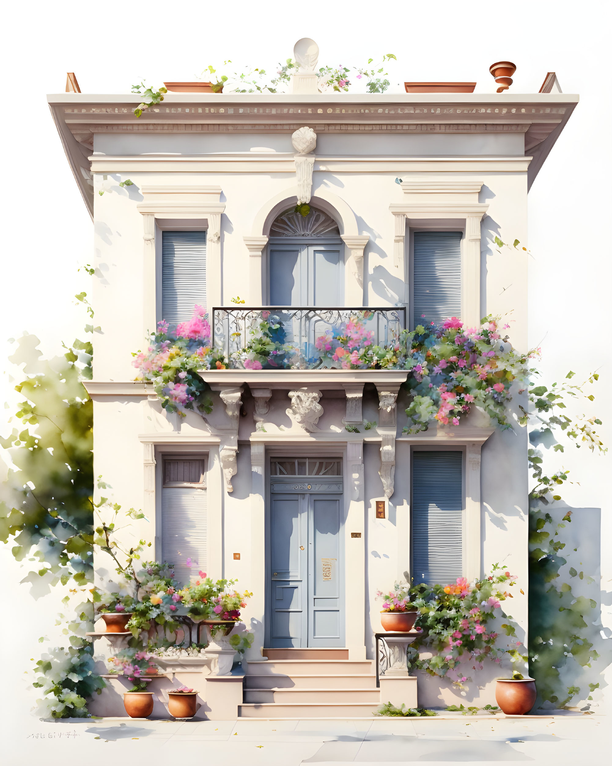 Quaint Two-Story Building Facade with Flowers, Terracotta Pots, Balcony