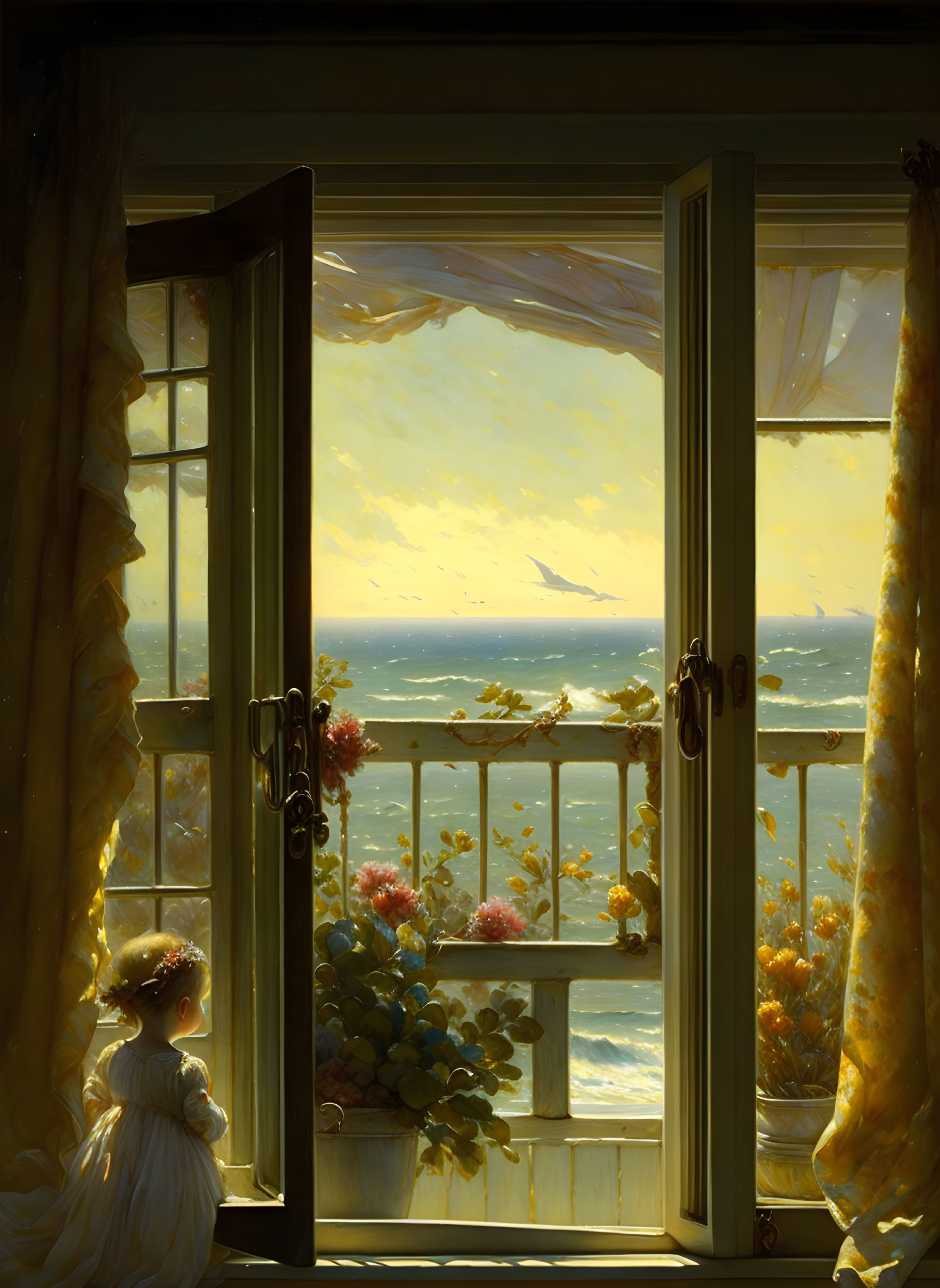 Child in White Dress Admiring Sunset Seascape from Window