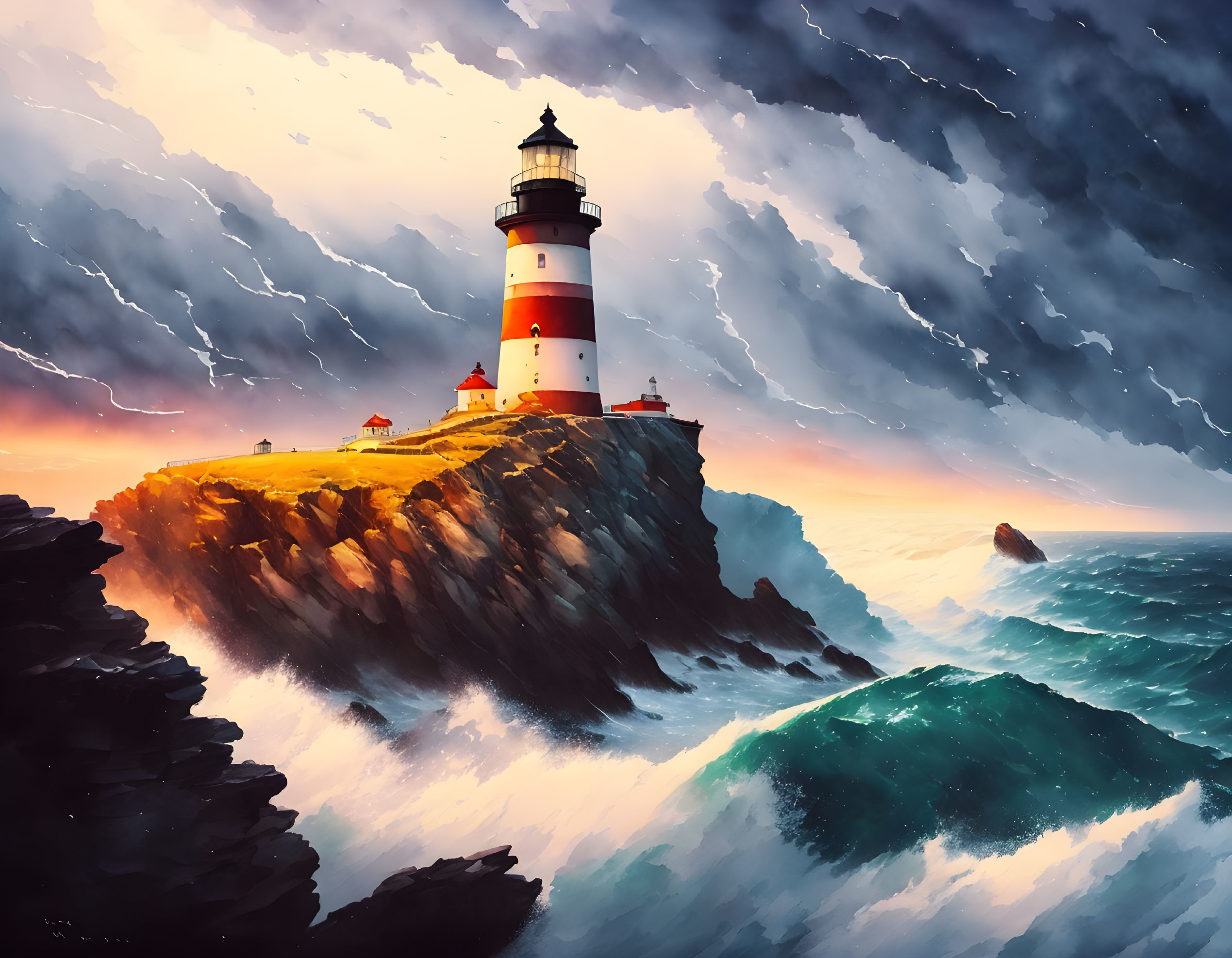 Illustration: Dramatic lighthouse on cliff in stormy sunset with lightning.