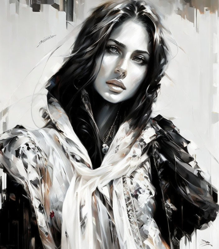 Monochrome portrait of woman with piercing eyes and white scarf against textured background