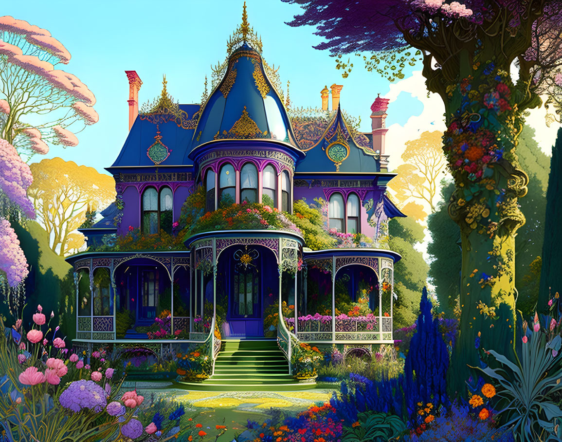 Victorian-style house in lush garden with vibrant flowers and towering trees