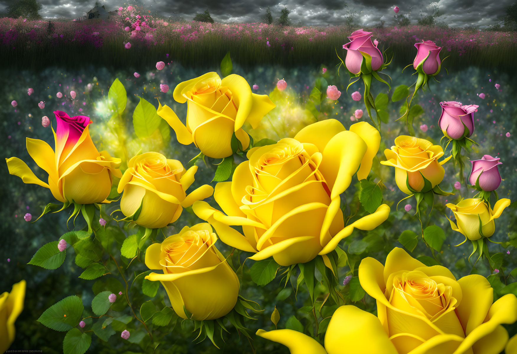 Yellow and Pink Roses Blooming in Stormy Sky