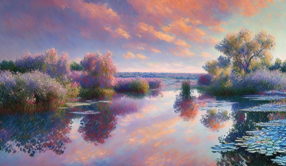 Colorful landscape painting: sunset sky, water reflection, blooming trees, calm river