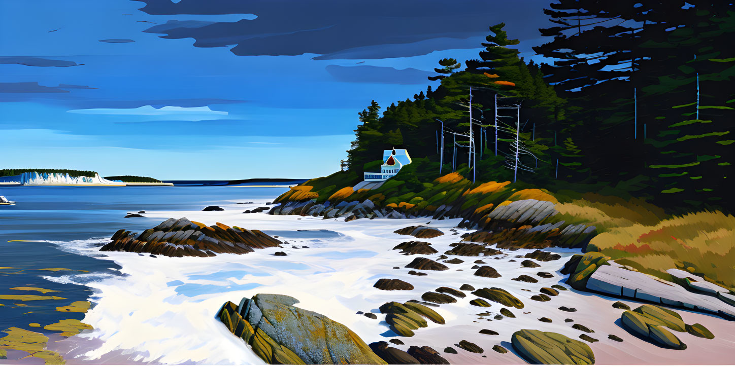 Rocky shore, crashing waves, forest, house, blue sky - Coastal Scene Beauty