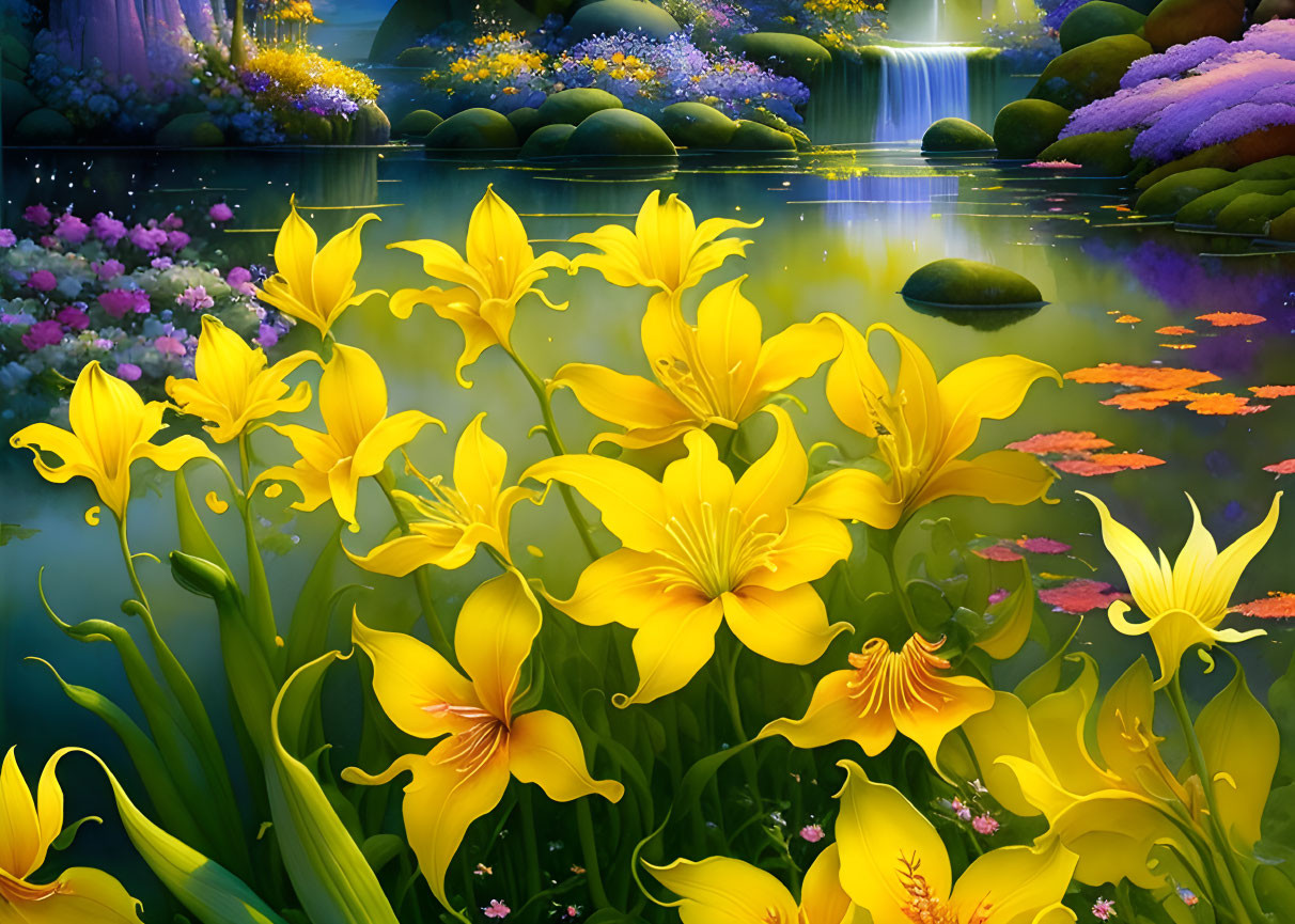 Detailed illustration of vibrant yellow lilies, peaceful pond, lotuses, and waterfall in colorful flora