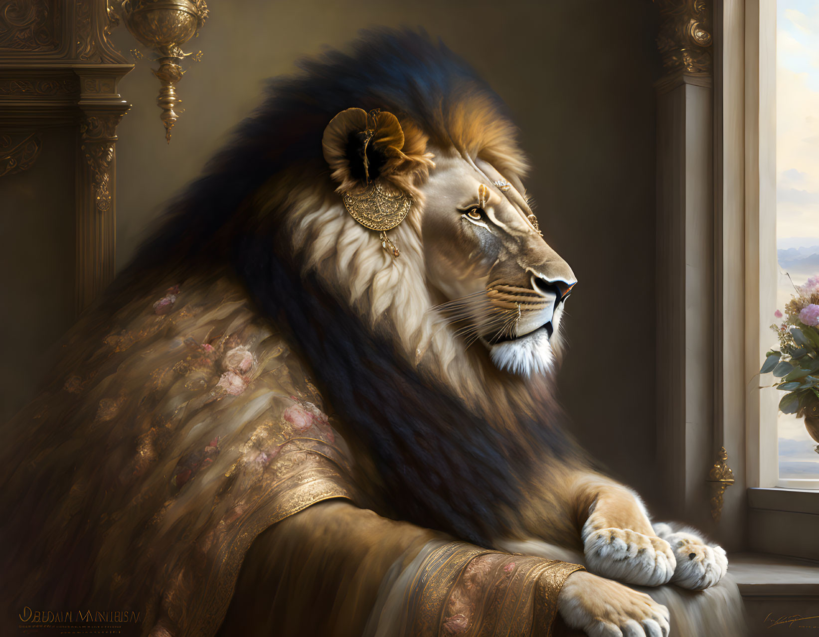 Majestic lion with golden-adorned mane in luxurious classical room