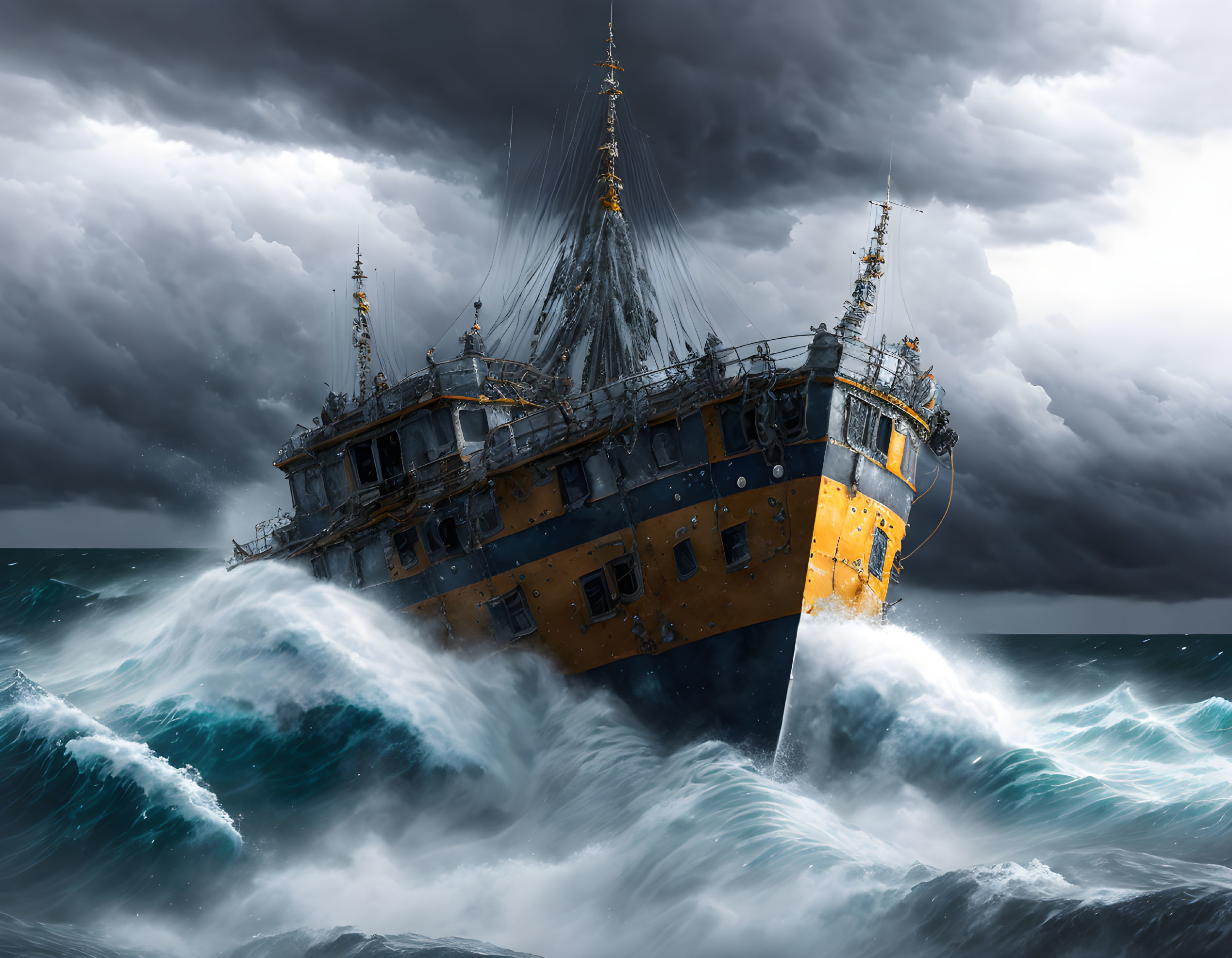 Ship battling turbulent seas under stormy sky.