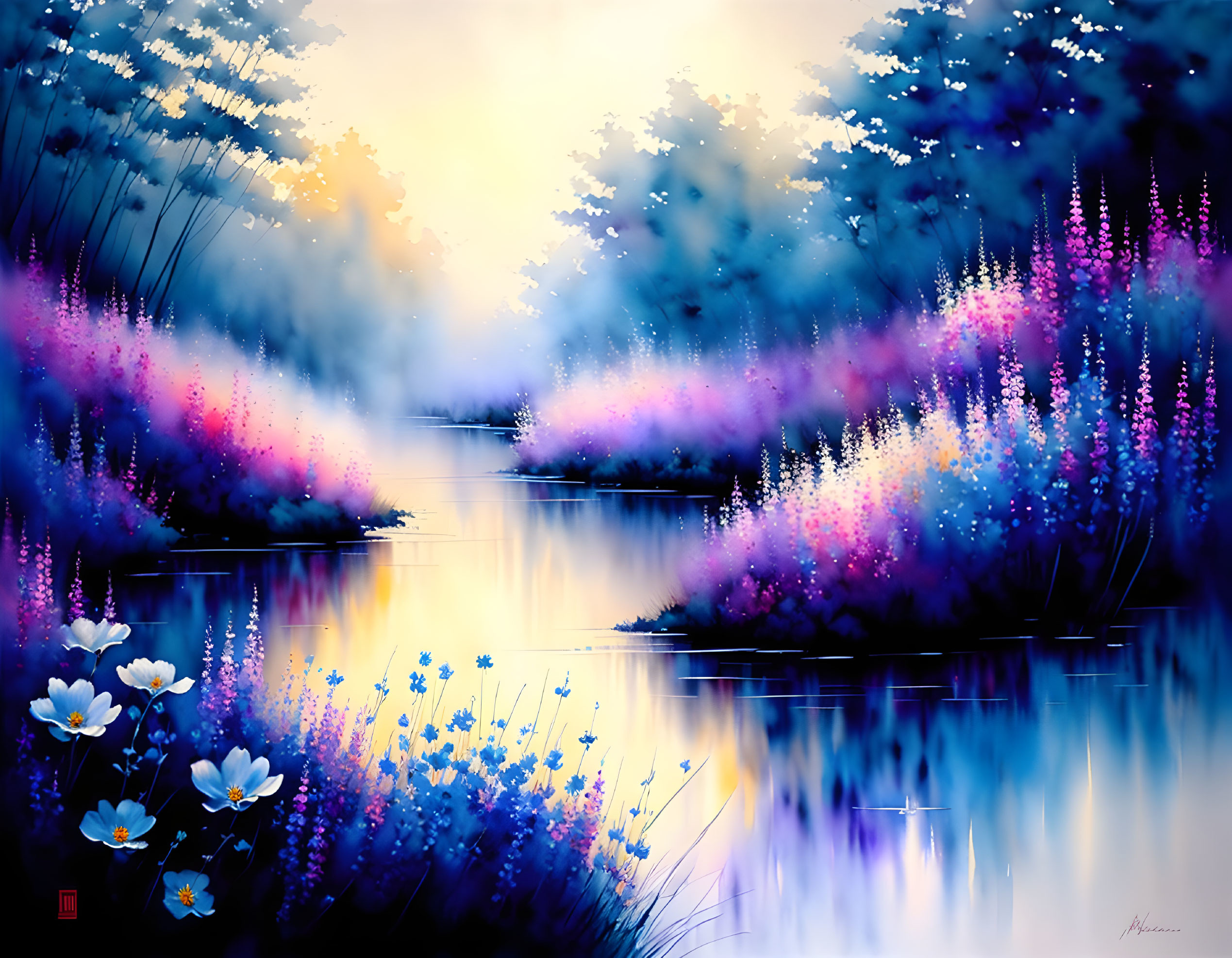 Serene river digital painting with colorful flora & hazy background