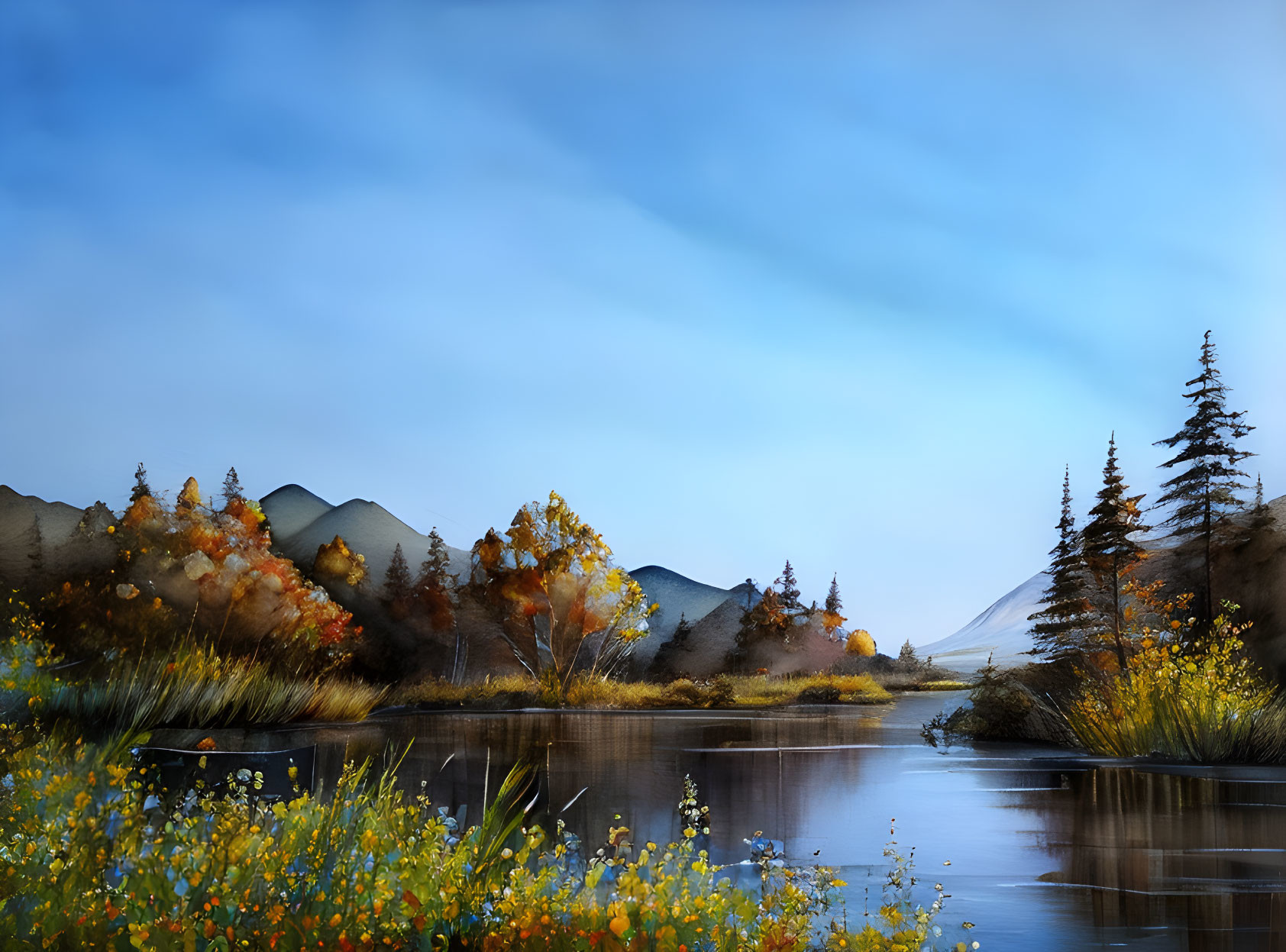 Tranquil autumn landscape with serene lake, mountains, and colorful foliage