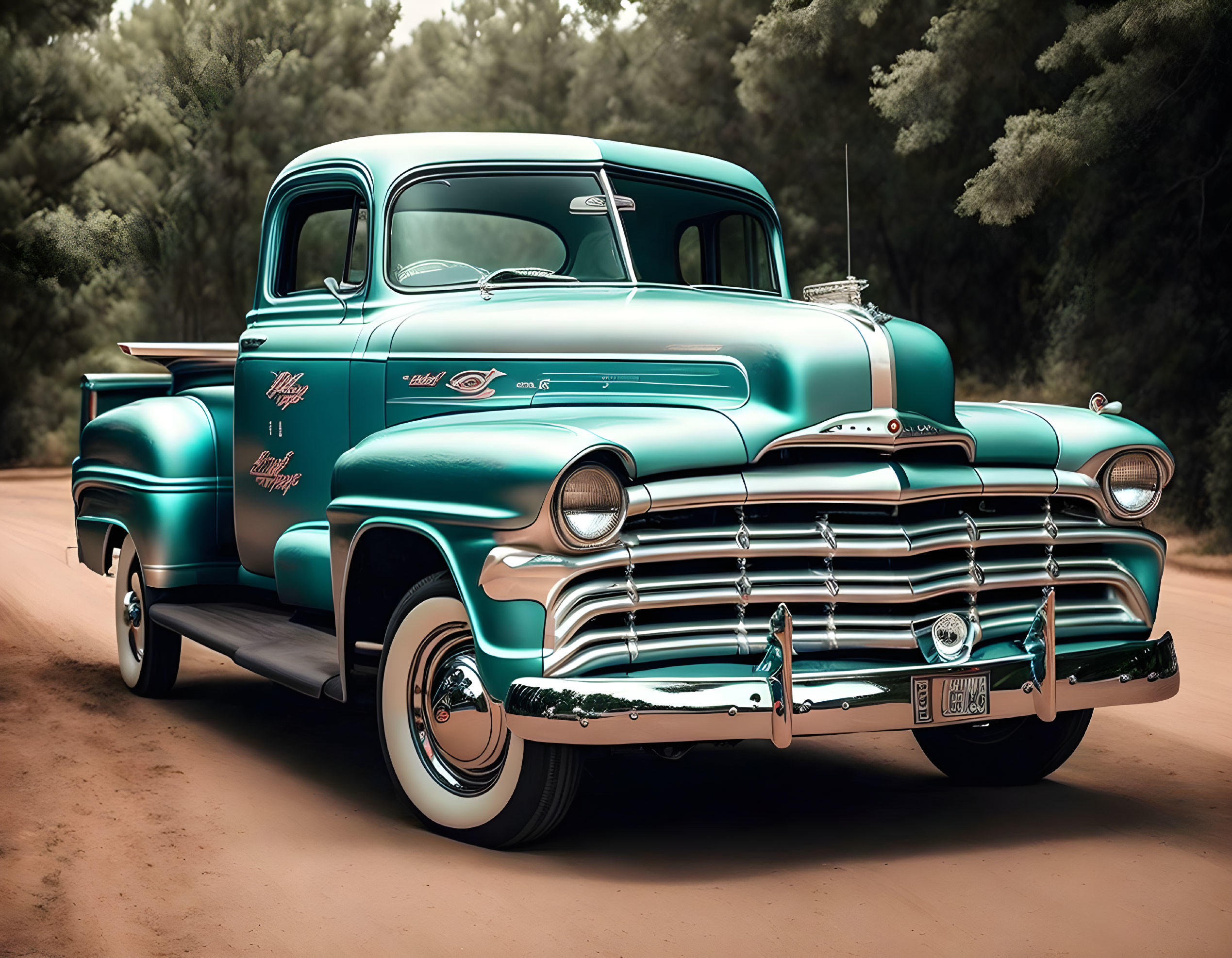 Vintage Turquoise Pickup Truck on Dirt Road with White-Wall Tires