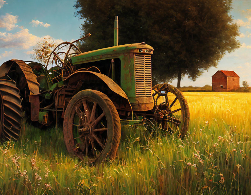 Abandoned green tractor in golden field with fluffy clouds and small wooden barn