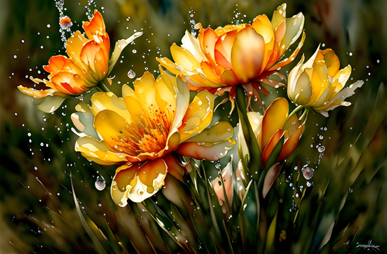 Colorful Flowers with Dewdrops on Petals in Soft-focus Nature Background